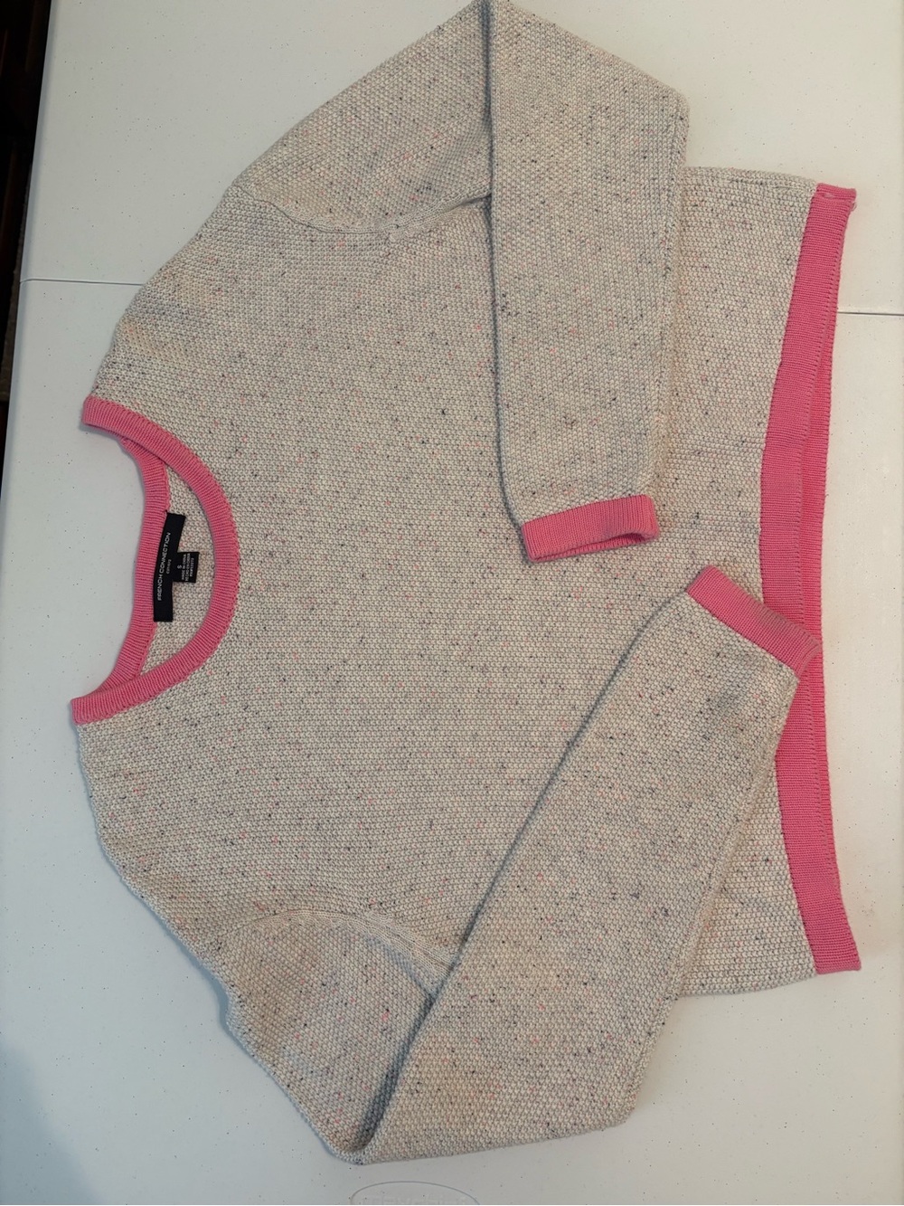 French Connection Cream Speckled Sweater with Pink Trim